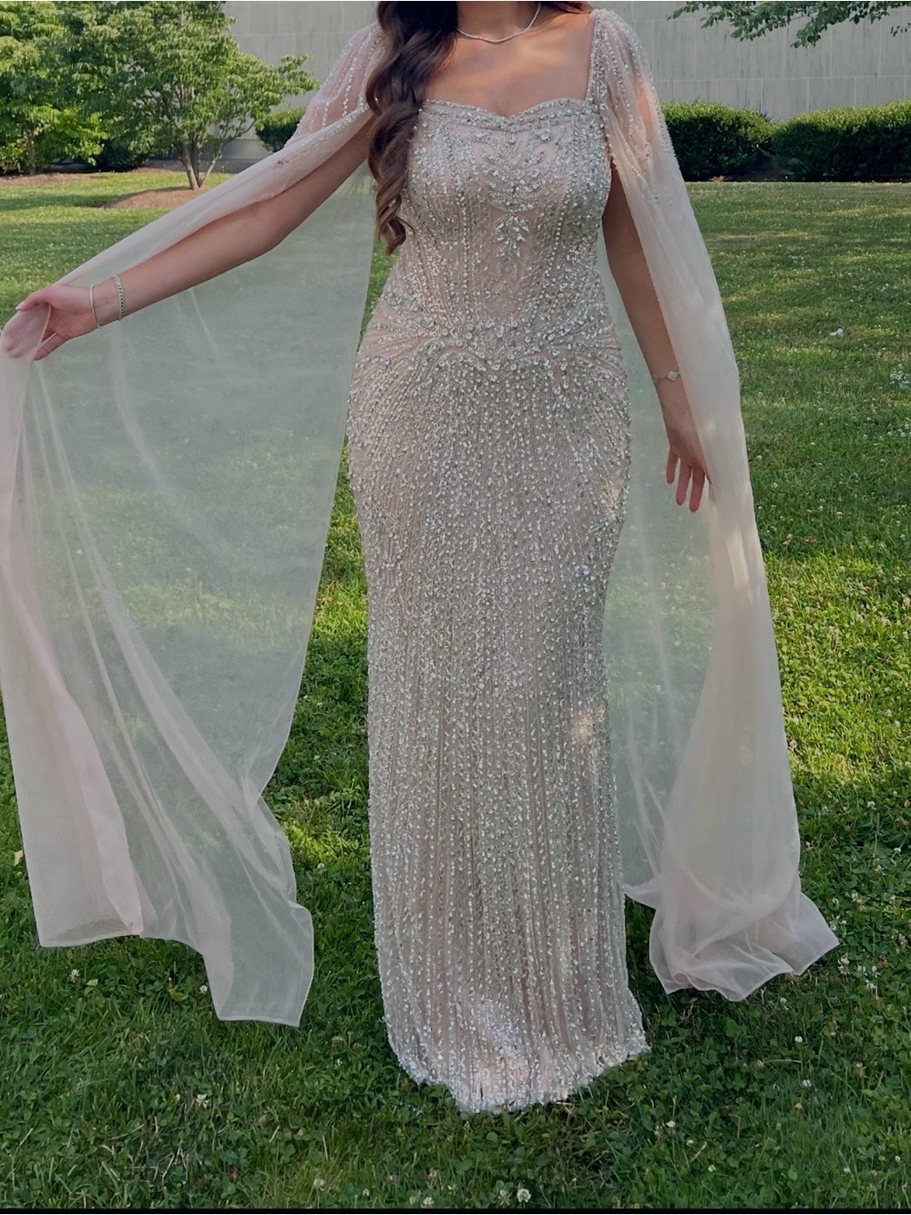 Embellished Sheer Cape Evening Gown - Blush